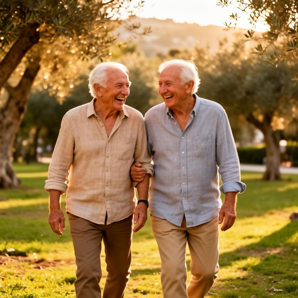 Padre e hijo adulto paseando juntos al aire libre